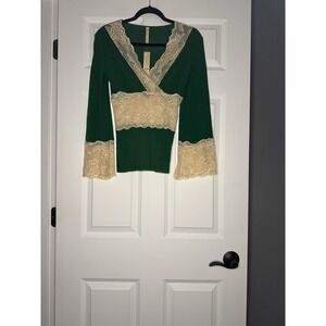 Petit Poi's Viviana G Long Sleeve Vintage Top Small Green Cream Lace Nwt